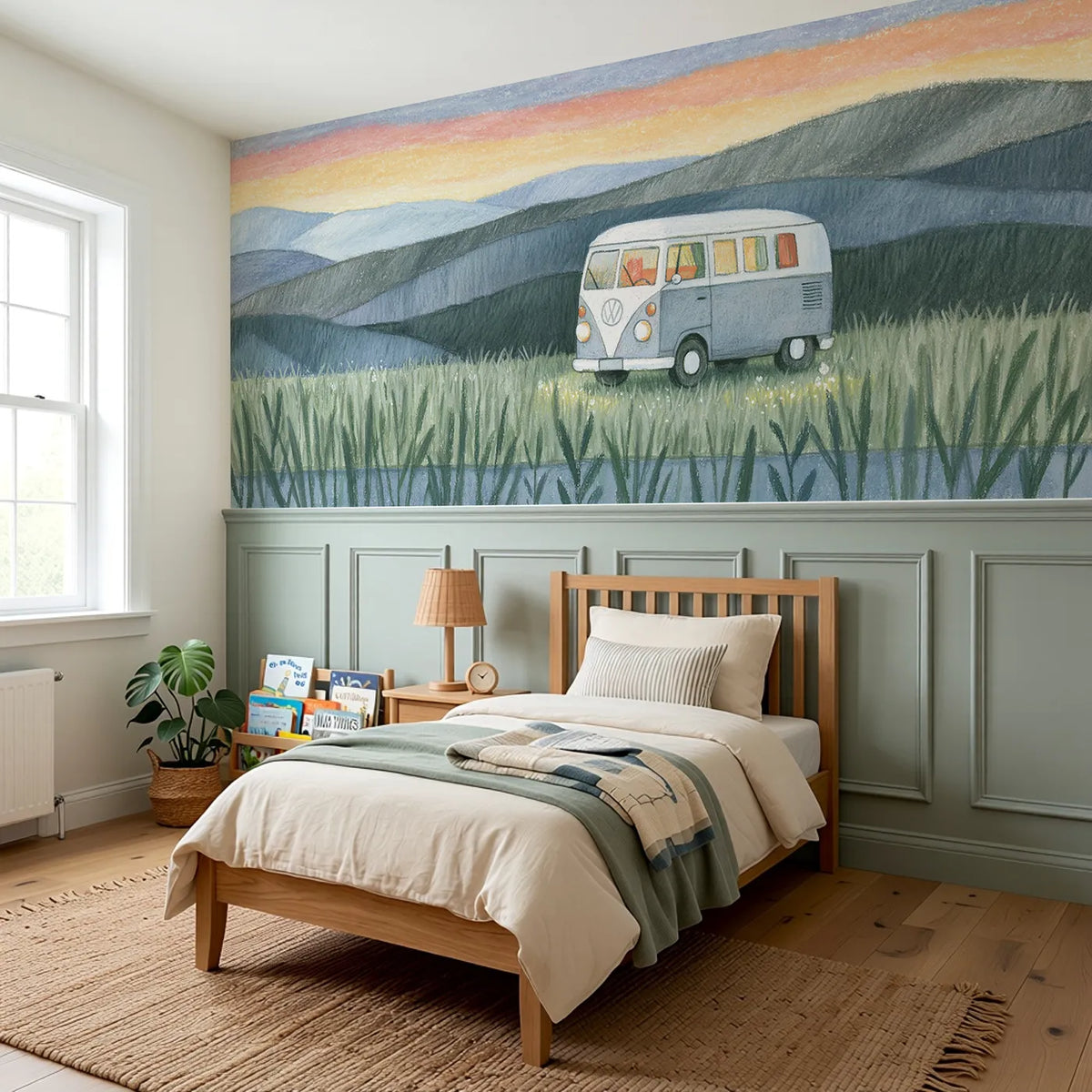 Camper Bus Meadow Dawn Wainscoting Wallpaper styled in a kids room by Whimsy Tots