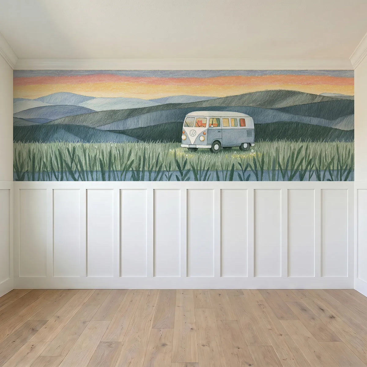 Full panel view of Camper Bus Meadow Dawn Wainscoting Wallpaper by Whimsy Tots
