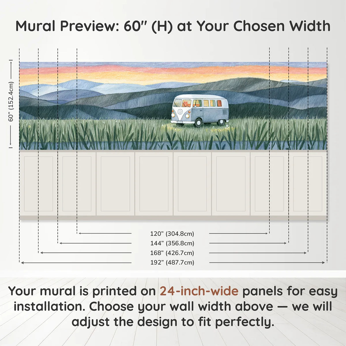 Panel dimensions for Camper Bus Meadow Dawn Wainscoting Wallpaper by Whimsy Tots