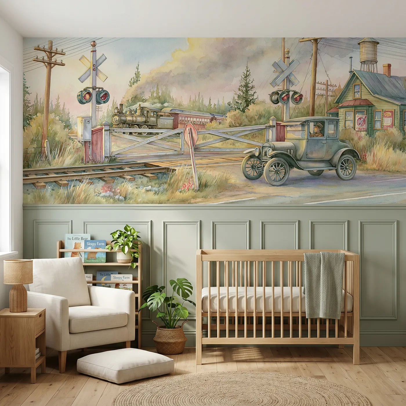 Storybook wainscoting wallpaper of a car waiting at a rail crossing by Whimsy Tots
