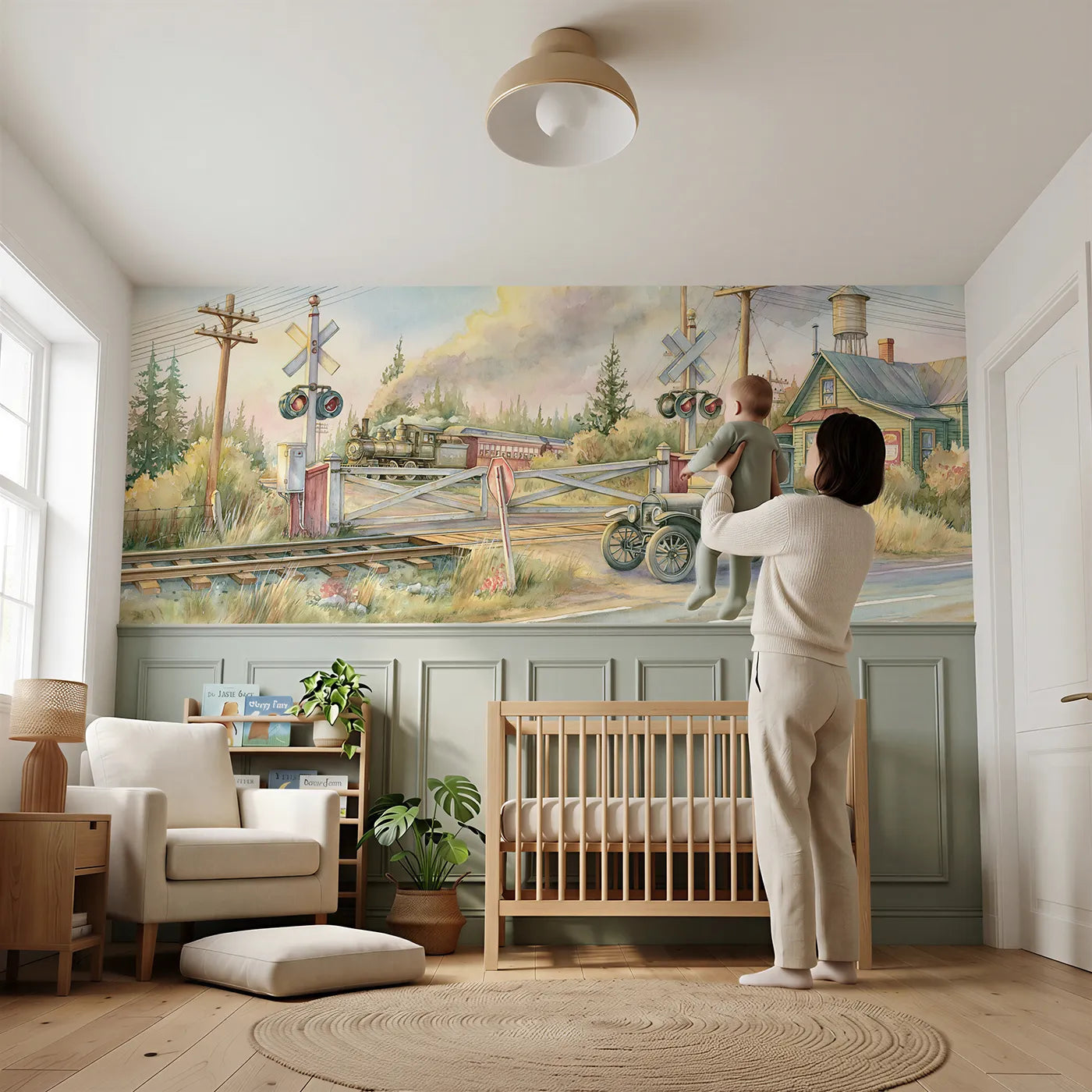 Child reading near Waiting At The Crossing Wainscoting Wallpaper by Whimsy Tots