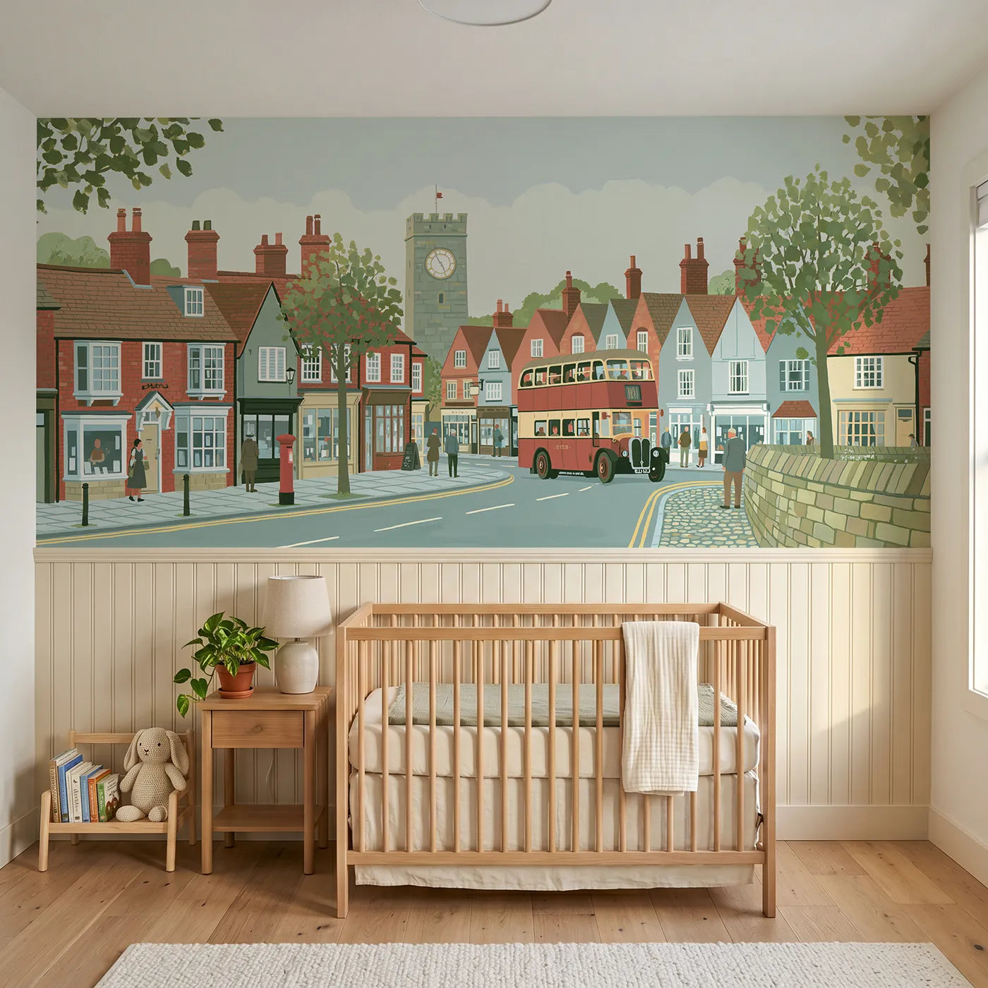 Modern illustration wainscoting wallpaper of an omnibus rounding a corner by Whimsy Tots