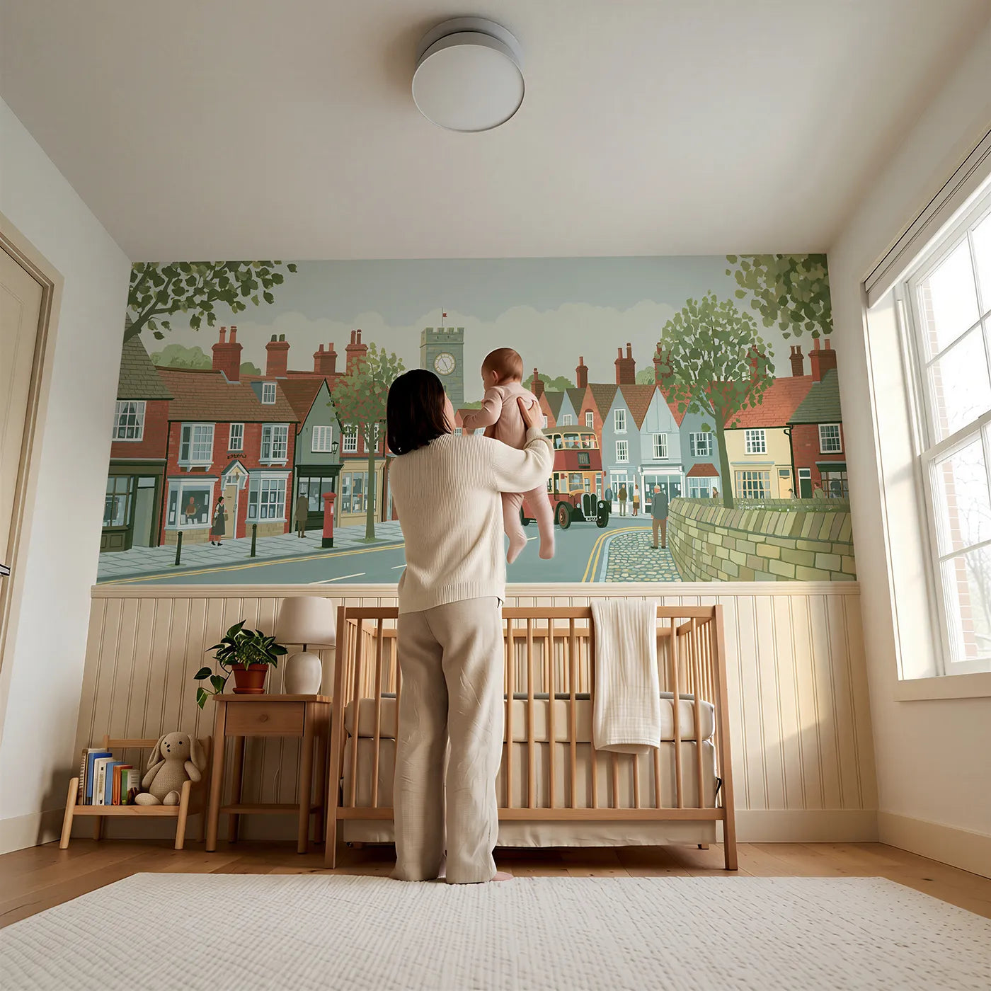 Child reading near Omnibus Round The Village Wainscoting Wallpaper by Whimsy Tots