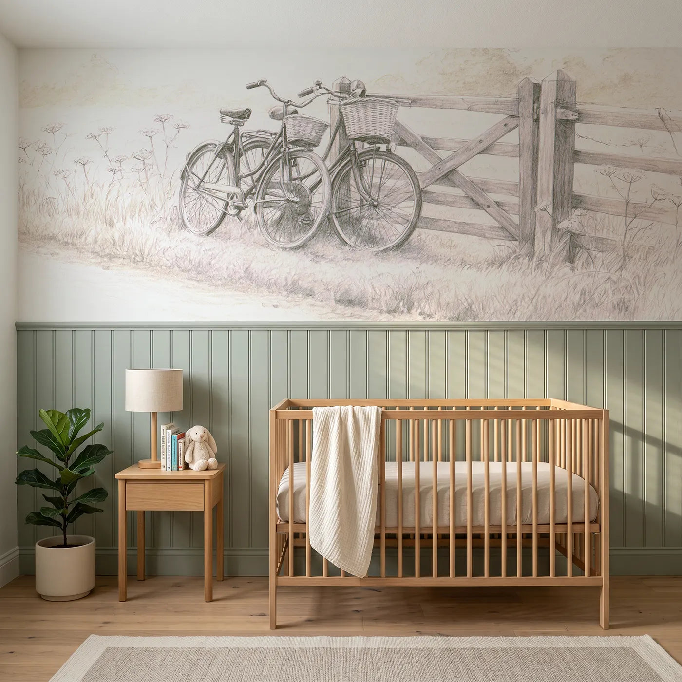 Colored pencil wainscoting wallpaper of two bicycles at a field gate by Whimsy Tots