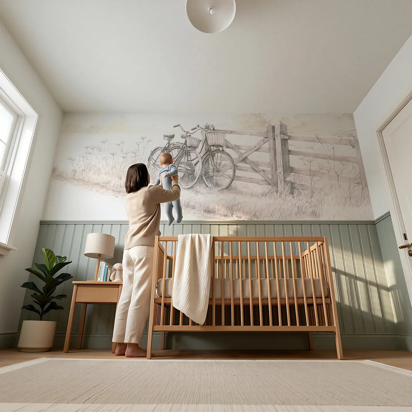 Child reading near Bicycles At The Gate Wainscoting Wallpaper by Whimsy Tots