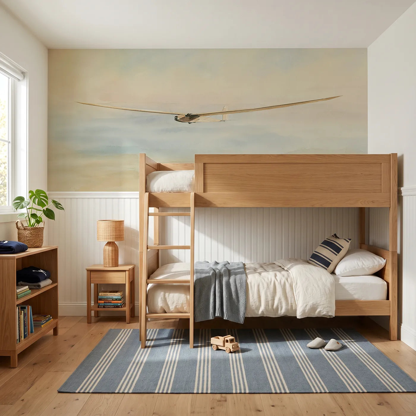 Watercolor wainscoting wallpaper of a glider soaring a soft valley by Whimsy Tots