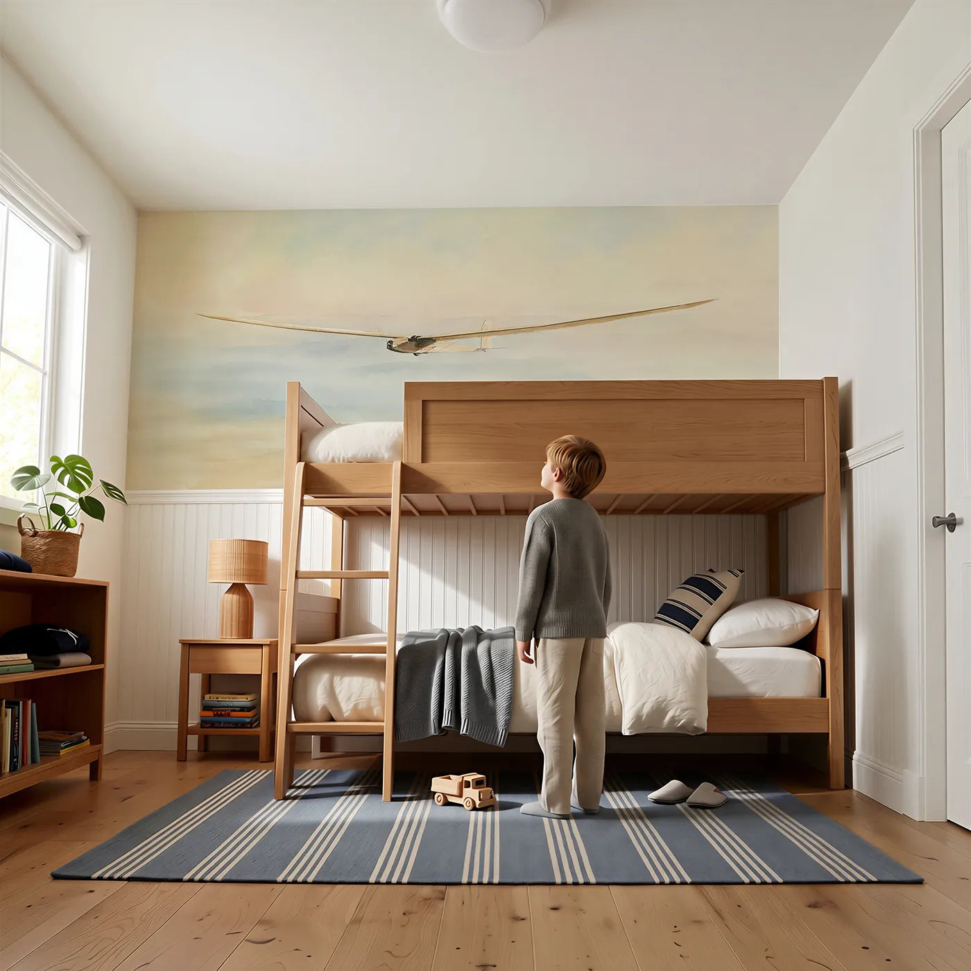 Child reading near Silent Glider Over Valley Wainscoting Wallpaper by Whimsy Tots