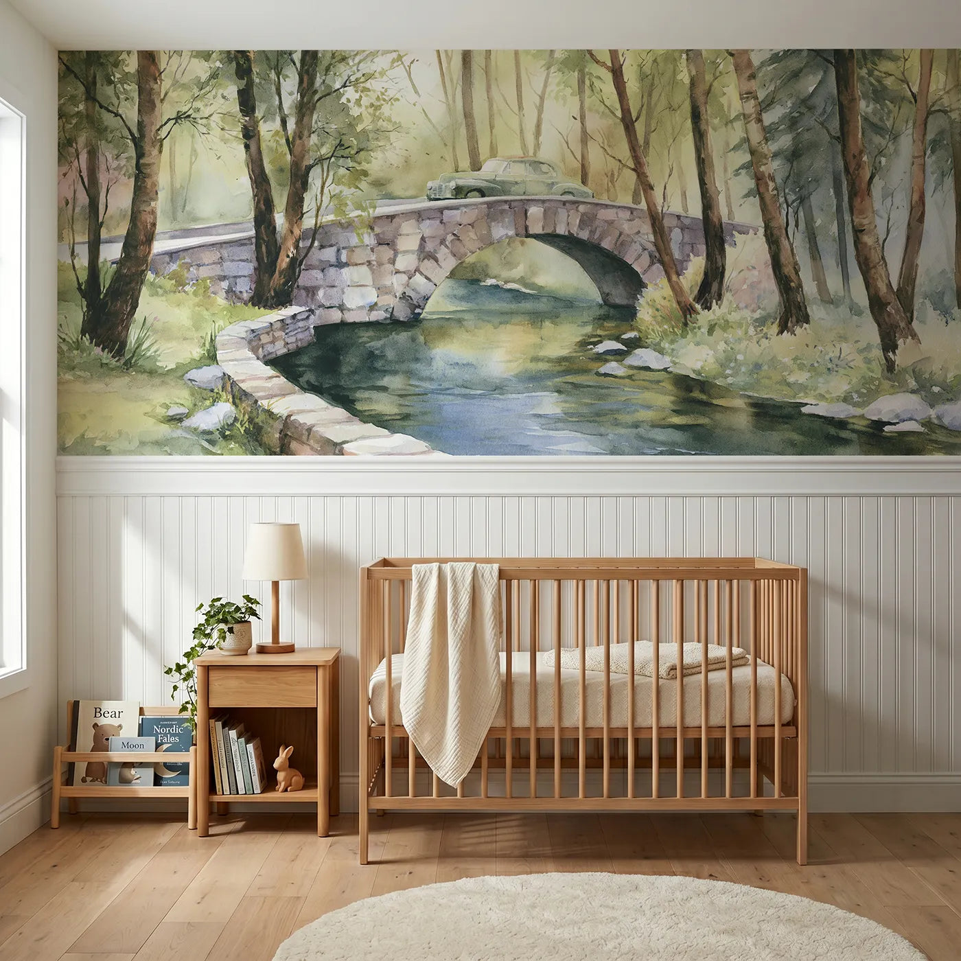 Watercolor wainscoting wallpaper of a car on a humpback stone bridge by Whimsy Tots