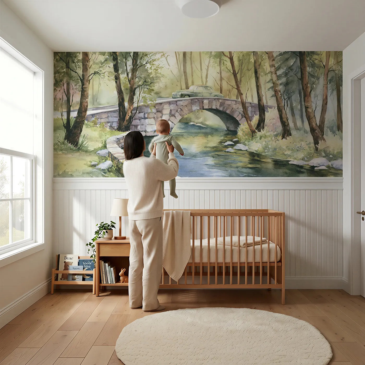 Child reading near Over The Stone Bridge Wainscoting Wallpaper by Whimsy Tots