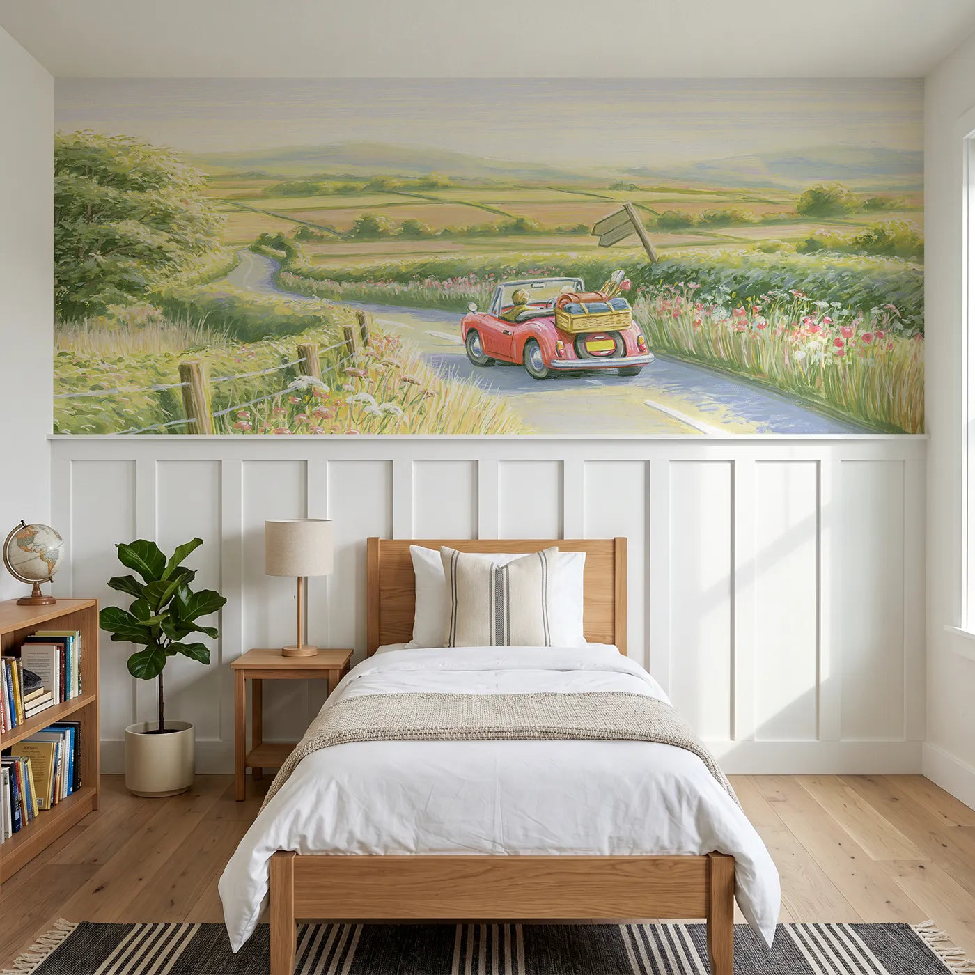 Colored pencil wainscoting mural of an open-top vintage motorcar by Whimsy Tots