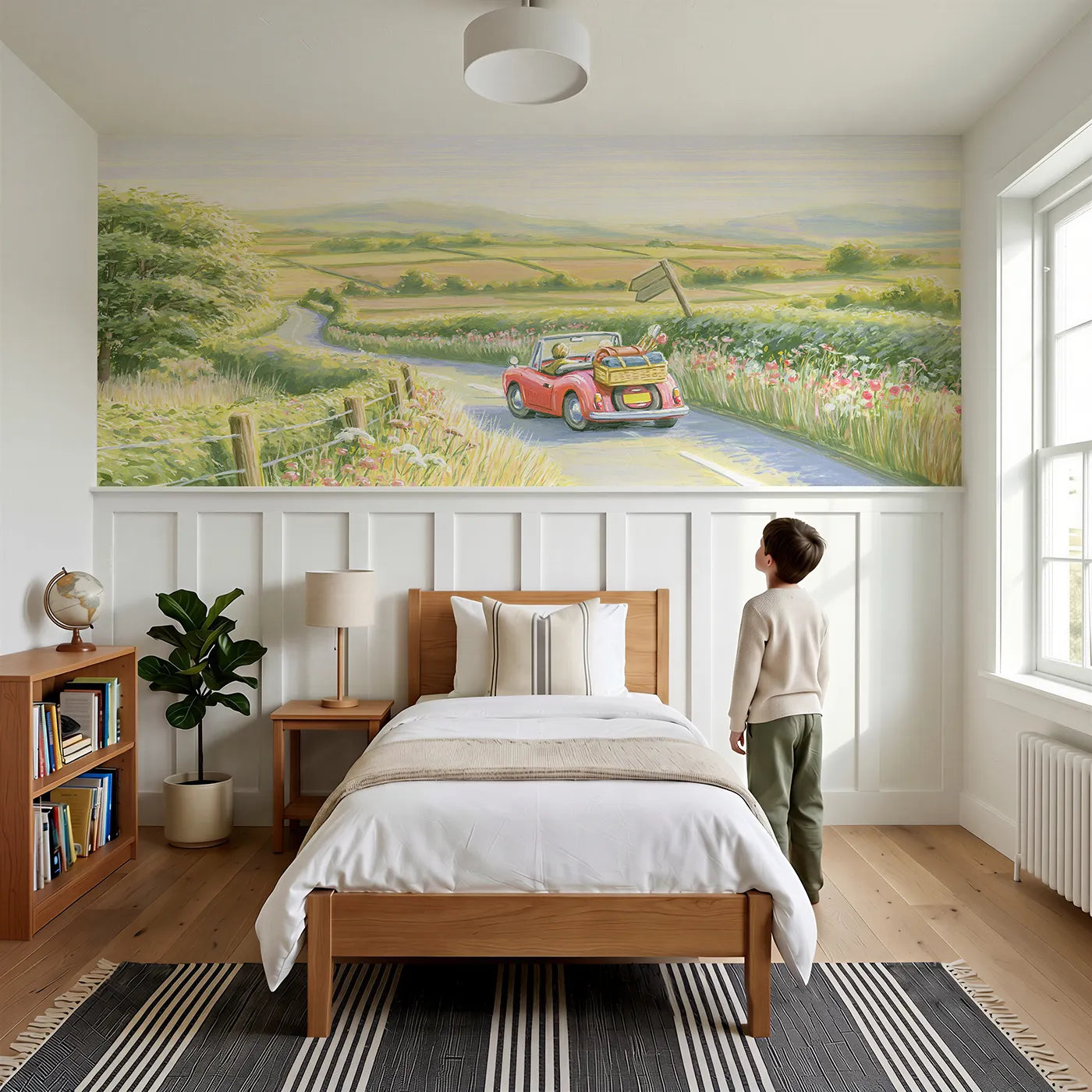 Child reading near The Open-Top Motorcar Wainscoting Wallpaper by Whimsy Tots