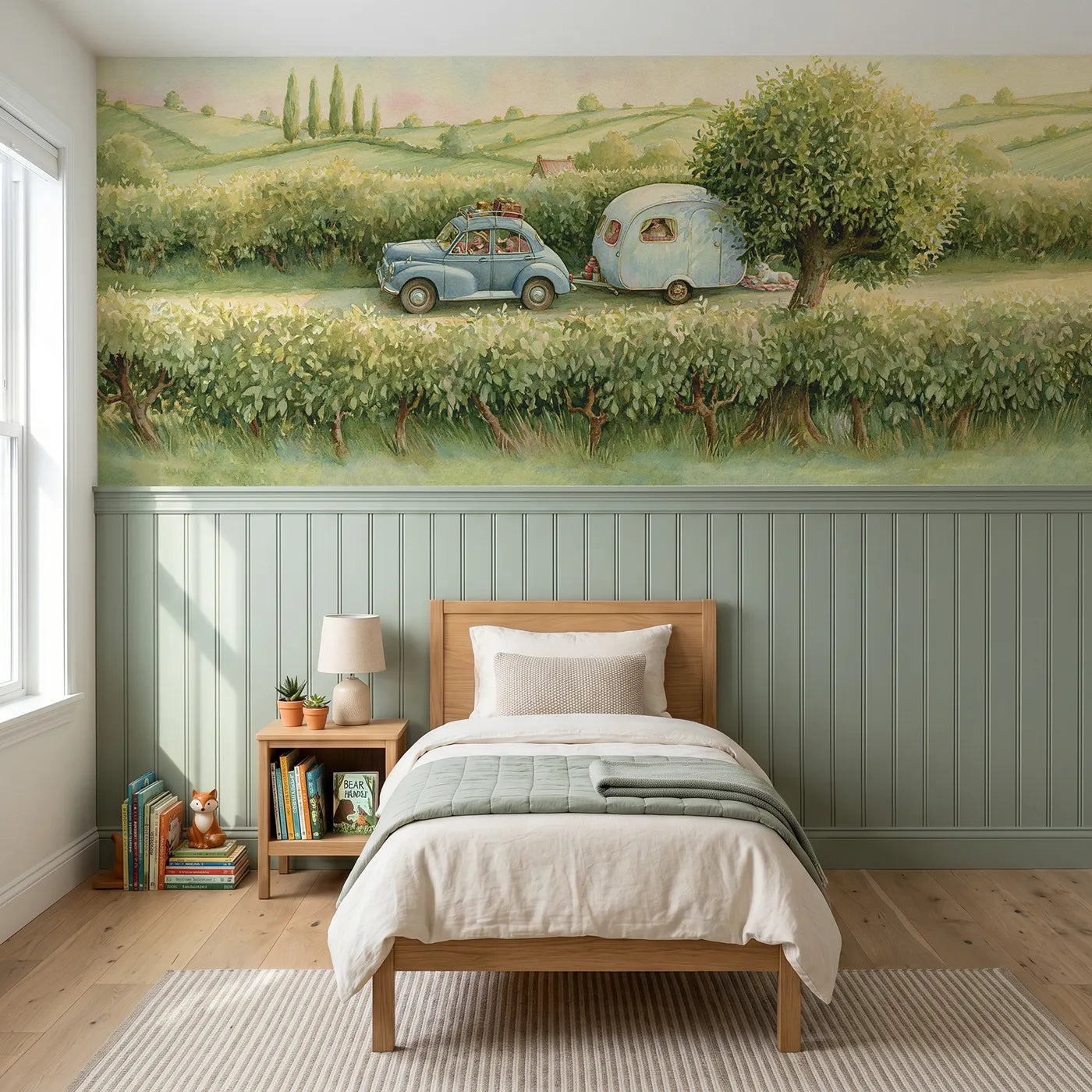 Storybook wainscoting wallpaper of a car towing a round caravan by Whimsy Tots