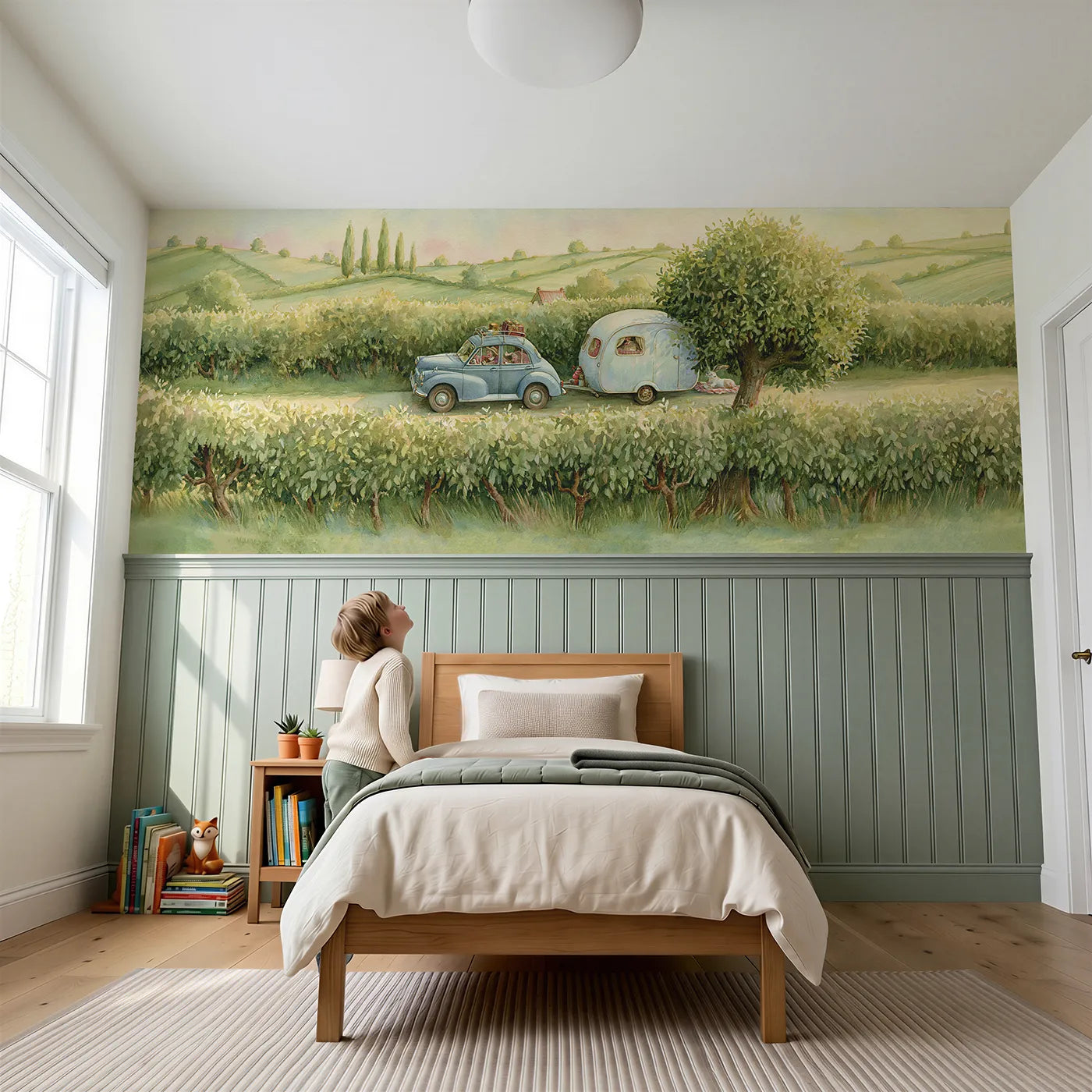 Child reading near Car And Caravan Holiday Wainscoting Wallpaper by Whimsy Tots