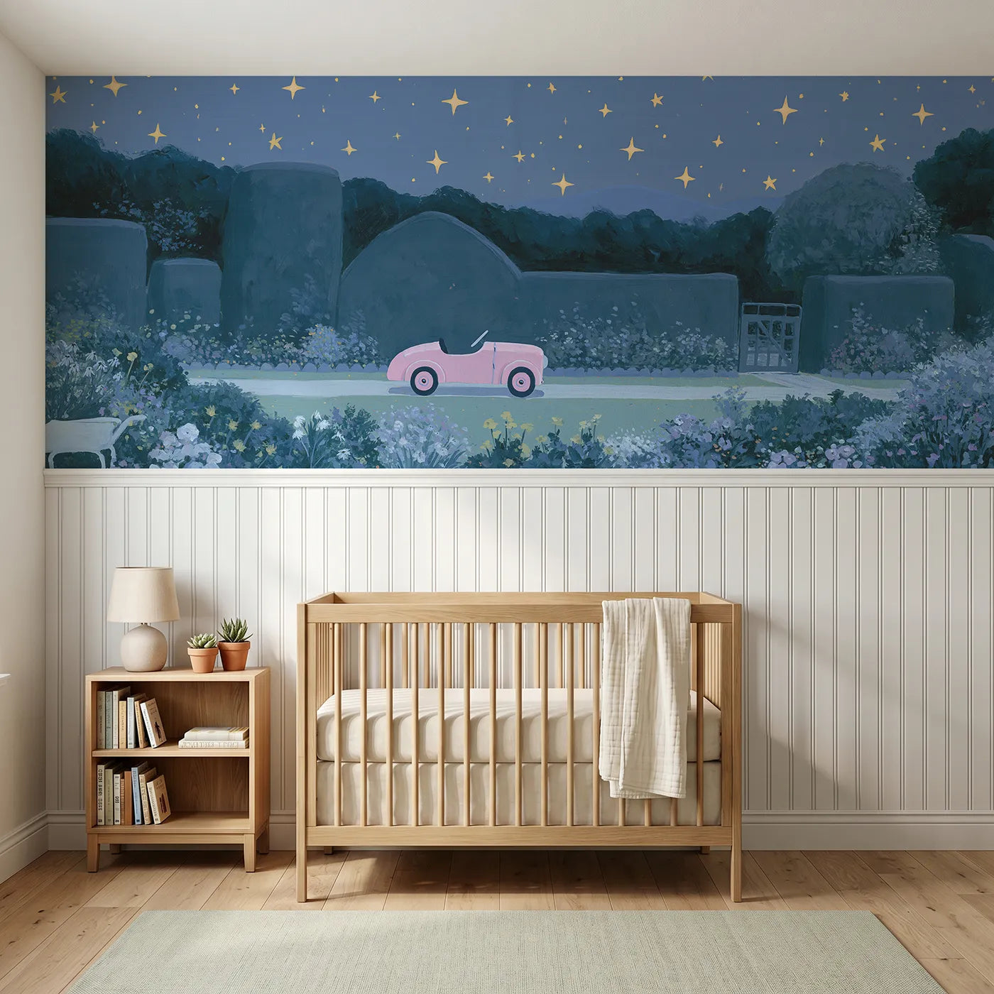 Modern illustration wainscoting wallpaper of a pedal car under stars by Whimsy Tots