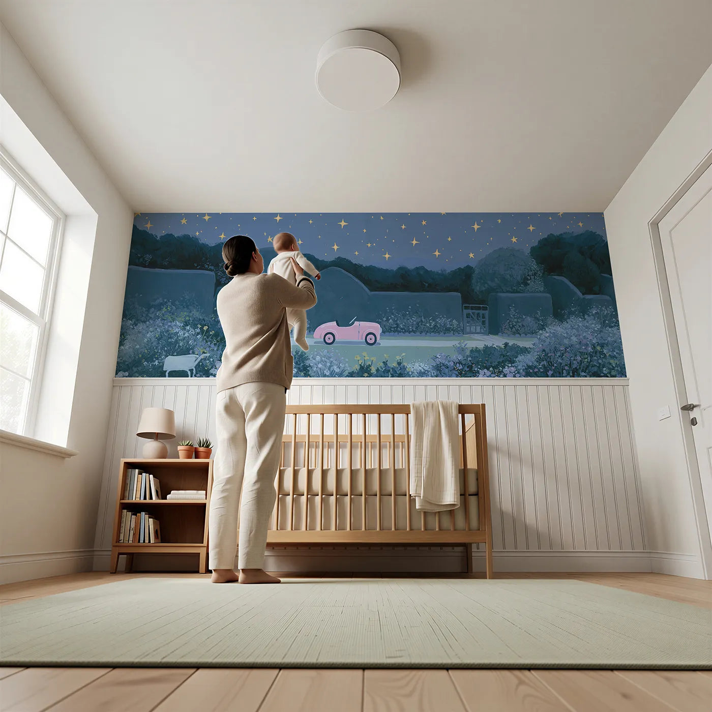 Child reading near Pedal Car Under Stars Wainscoting Wallpaper by Whimsy Tots