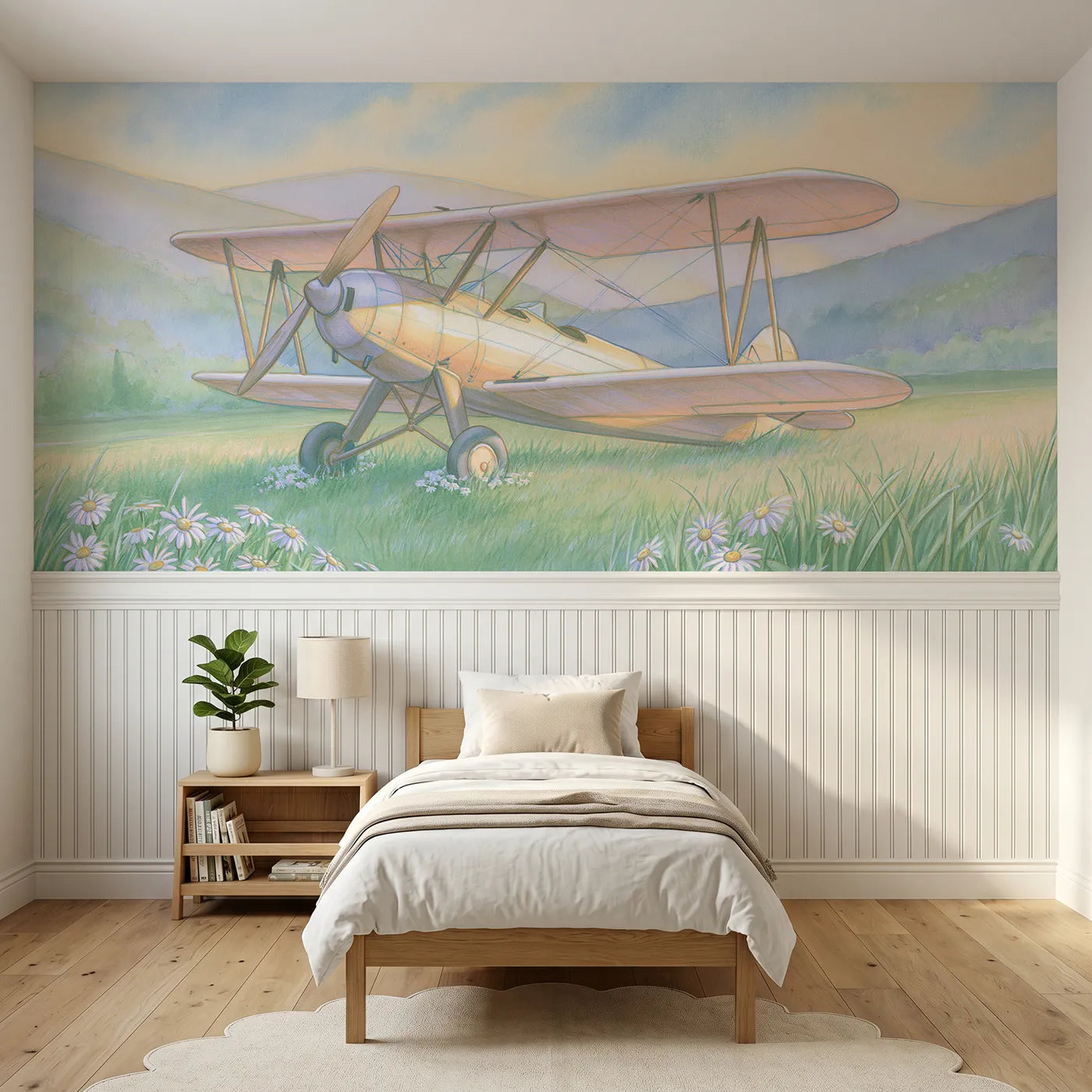 Colored pencil wainscoting wallpaper of a biplane resting on grass by Whimsy Tots