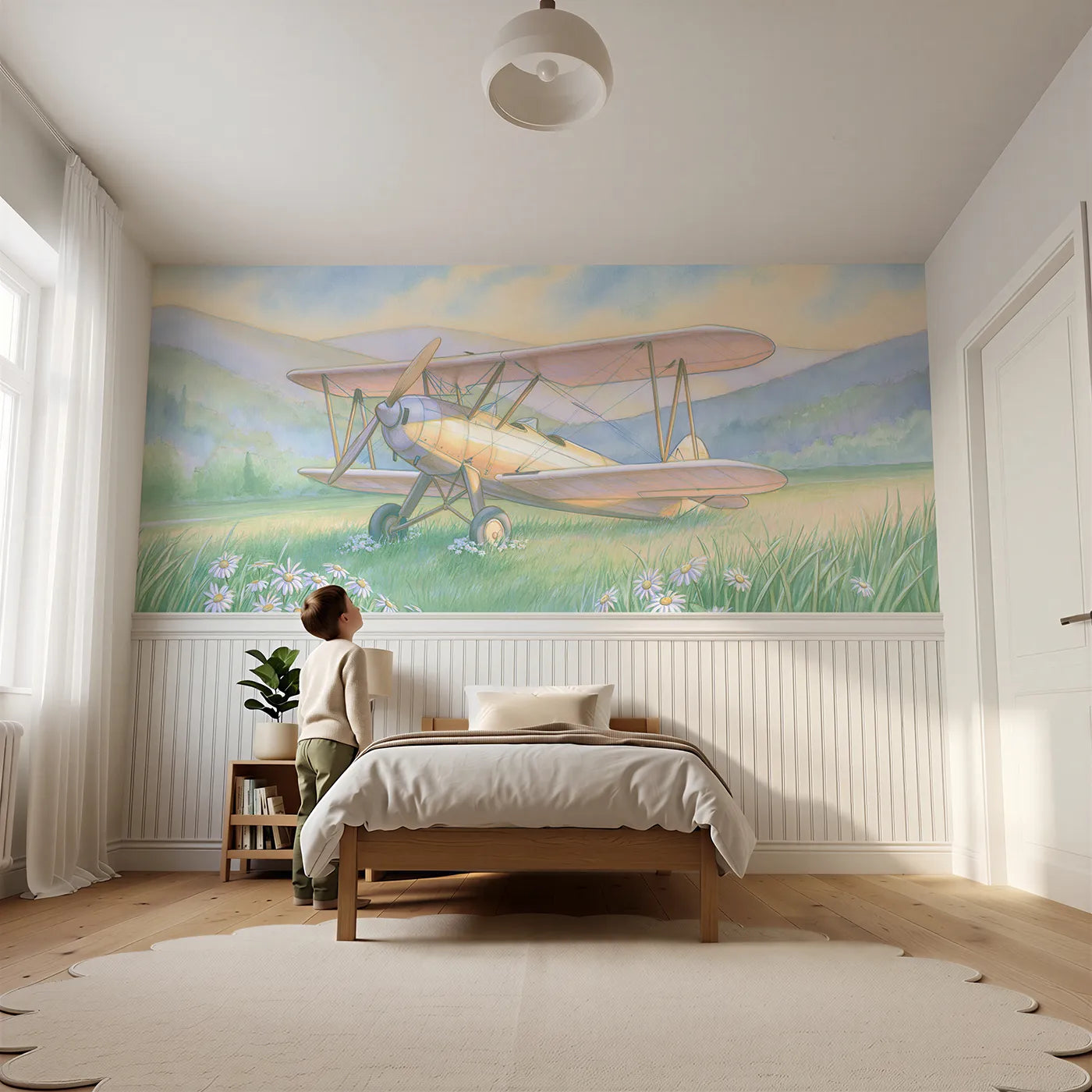 Child reading near Biplane On The Grass Wainscoting Wallpaper by Whimsy Tots