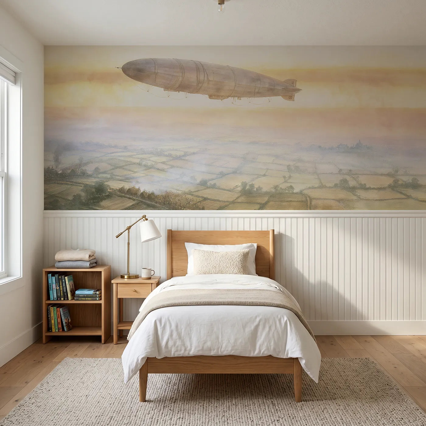 Watercolor wainscoting mural of an airship over quilted fields by Whimsy Tots