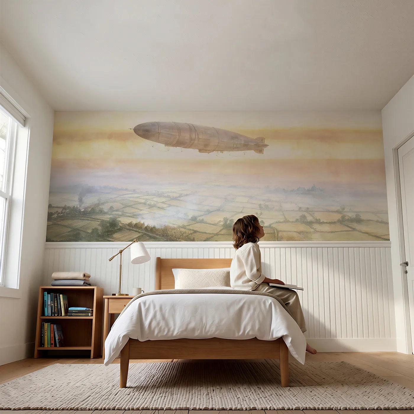 Child reading near Airship Over The Fields Wainscoting Wallpaper by Whimsy Tots
