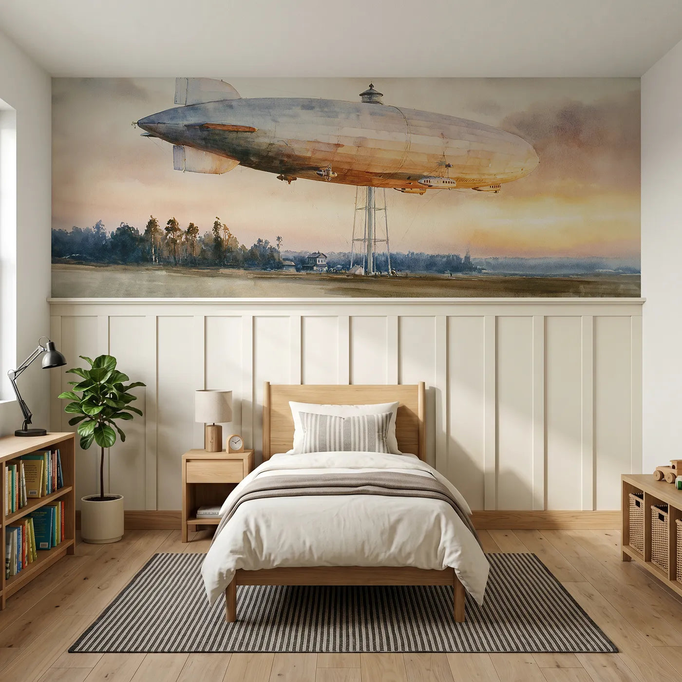 Watercolor wainscoting wallpaper of an airship at its mooring mast by Whimsy Tots