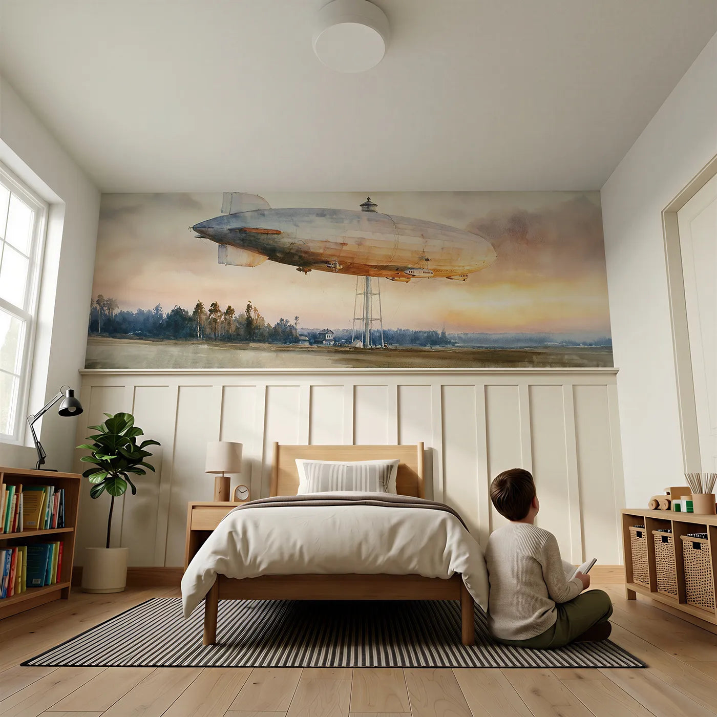 Child reading near Airship At The Mast Wainscoting Wallpaper by Whimsy Tots
