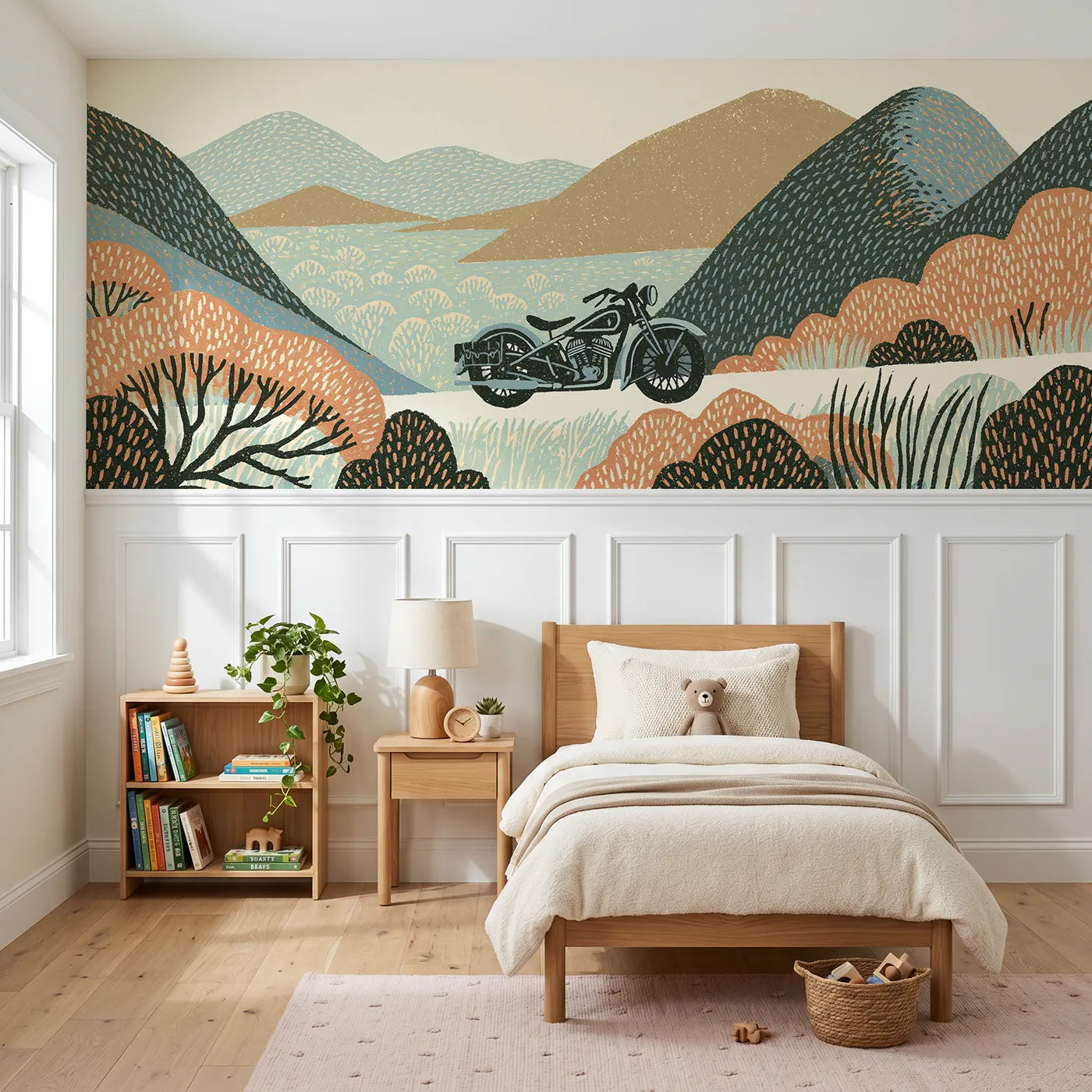 Block print wainscoting wallpaper of a carved motorcycle on a hill road by Whimsy Tots