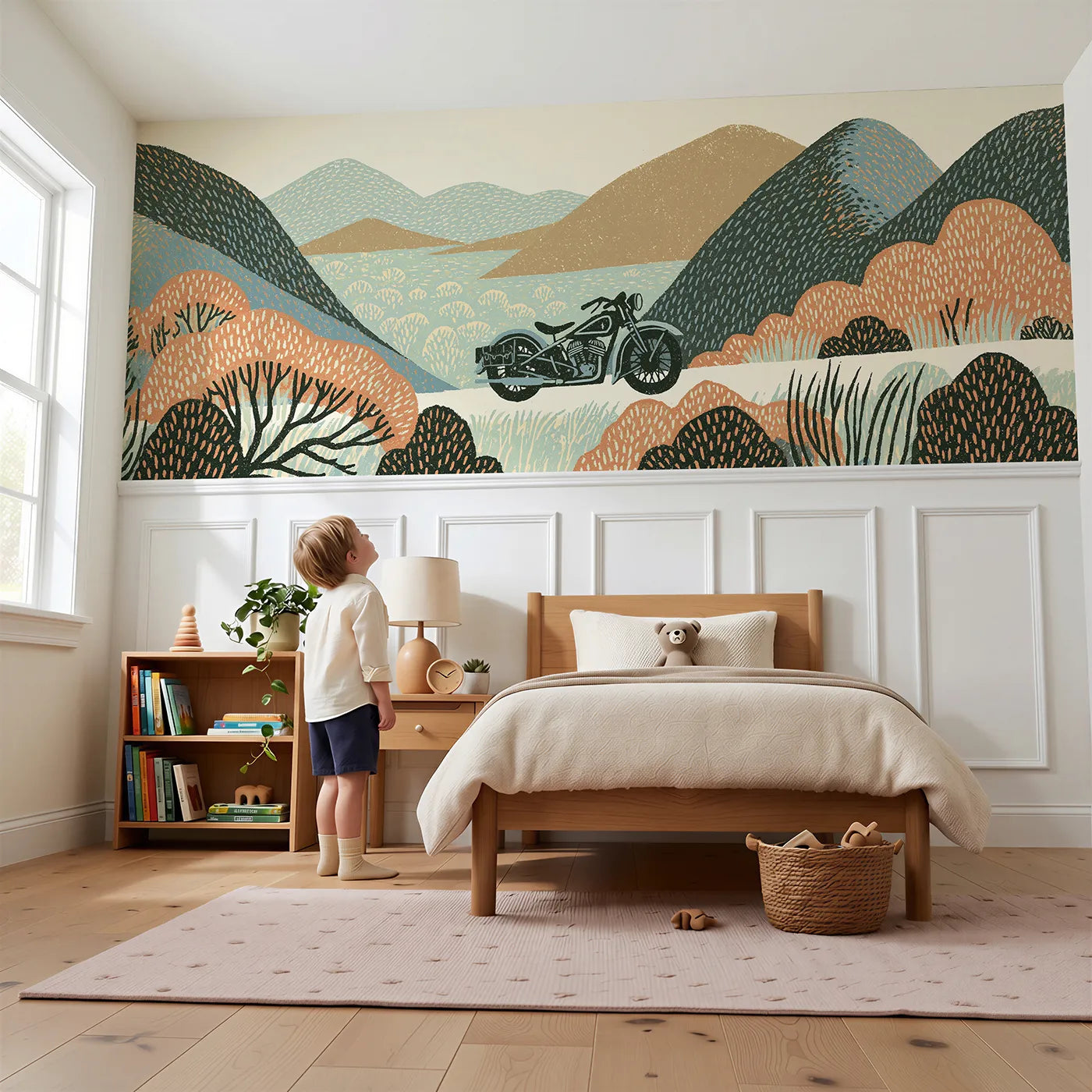Child reading near Carved Motorcycle Hill Road Wainscoting Wallpaper by Whimsy Tots