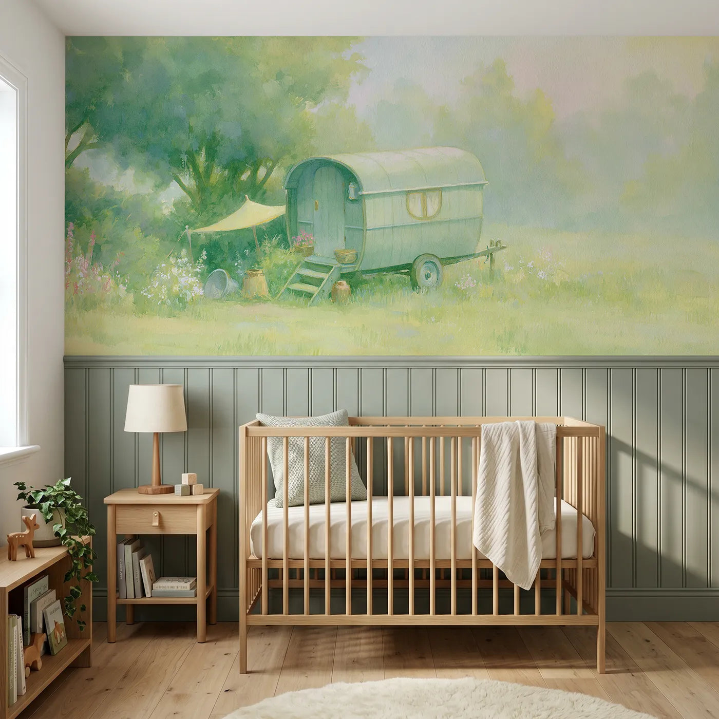 Soft pastel wainscoting wallpaper of a round caravan in dawn mist by Whimsy Tots