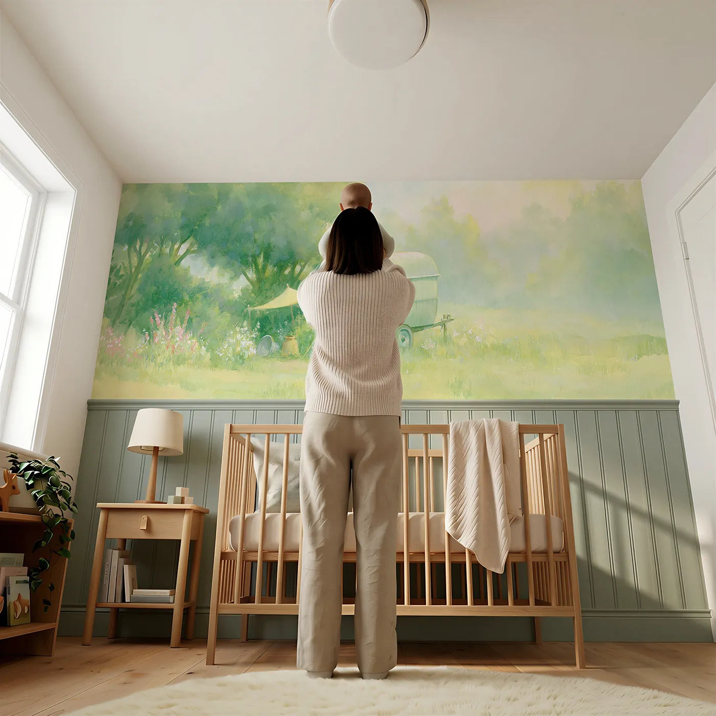 Child reading near Round Caravan At Dawn Wainscoting Wallpaper by Whimsy Tots