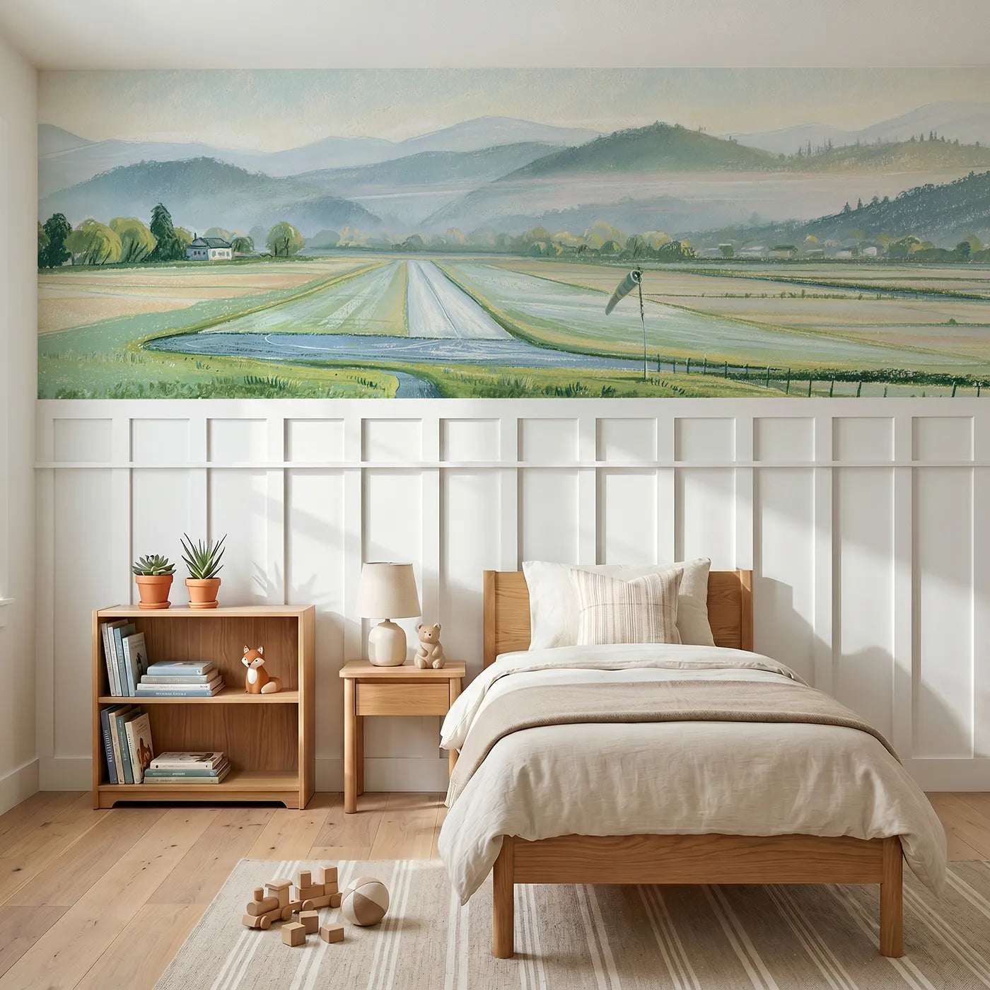 Colored pencil wainscoting wallpaper of a dewy grass airstrip at dawn by Whimsy Tots