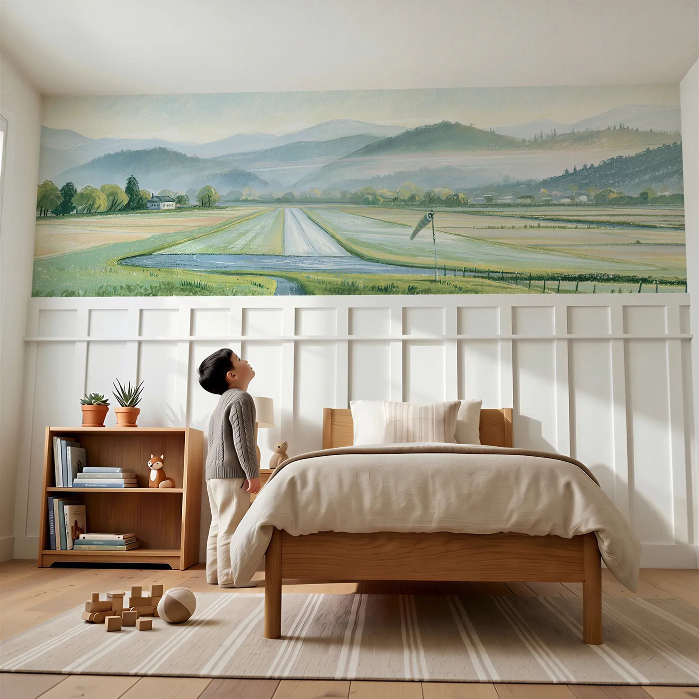 Child reading near Dew On The Airstrip Wainscoting Wallpaper by Whimsy Tots