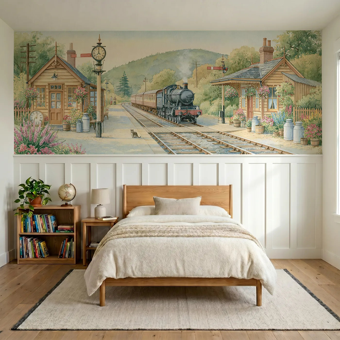 Storybook wainscoting wallpaper of a little country railway station by Whimsy Tots