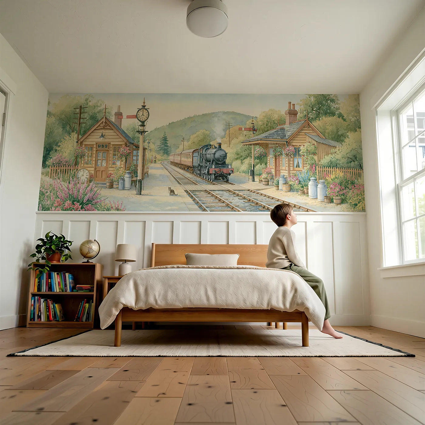 Child reading near The Little Country Station Wainscoting Wallpaper by Whimsy Tots