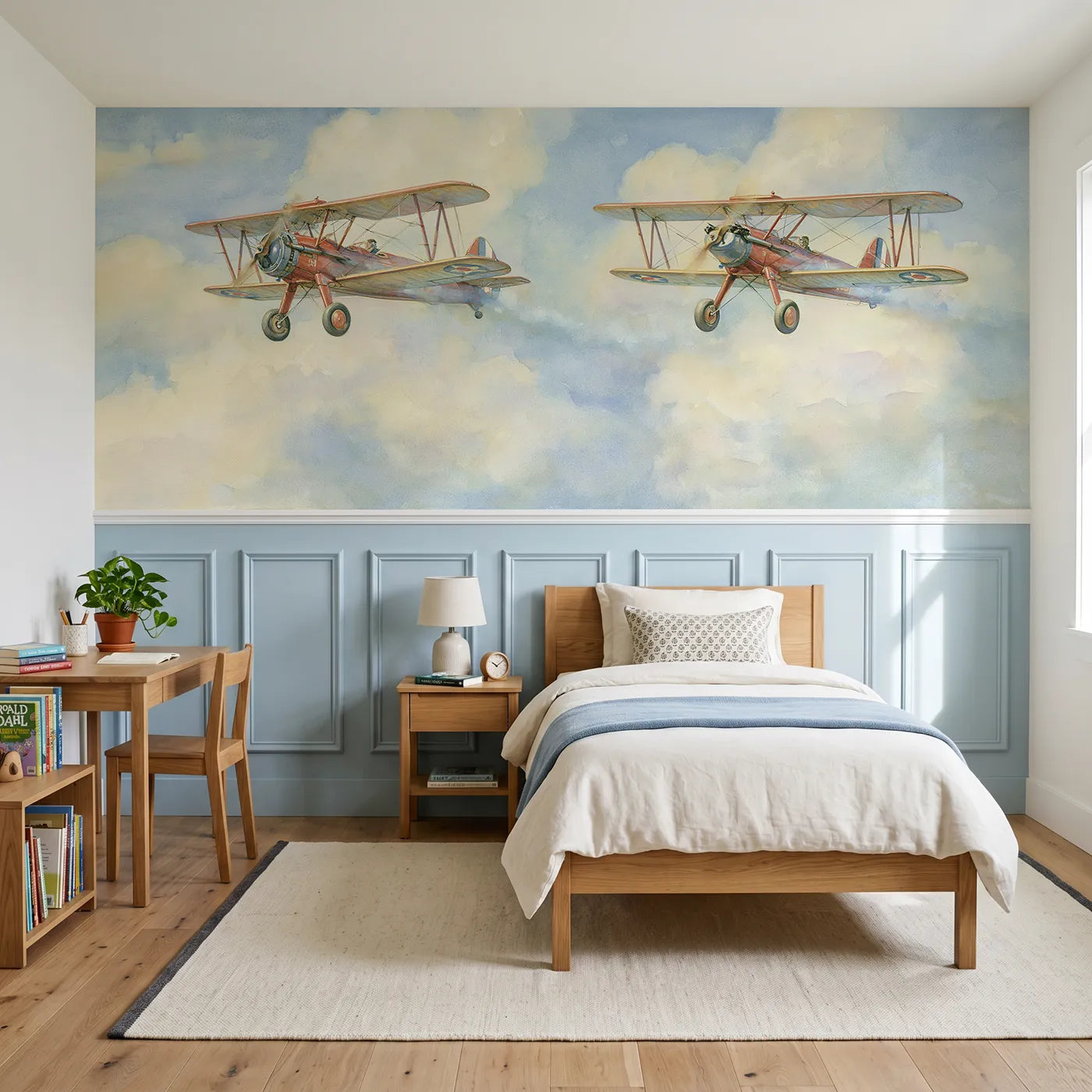 Storybook wainscoting wallpaper of two biplanes flying together by Whimsy Tots