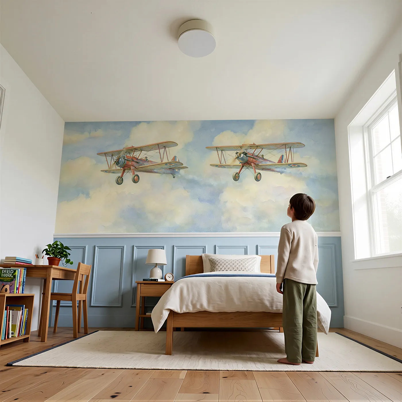 Child reading near Two Biplanes Together Wainscoting Wallpaper by Whimsy Tots