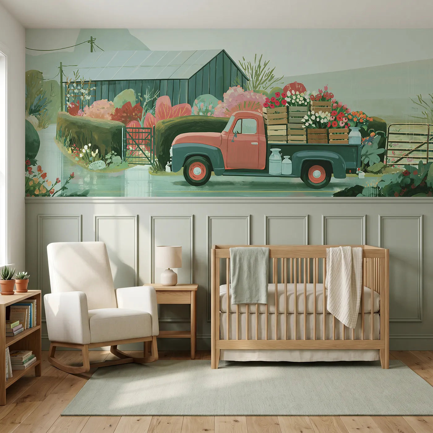 Modern illustration wainscoting wallpaper of a pickup full of flowers by Whimsy Tots