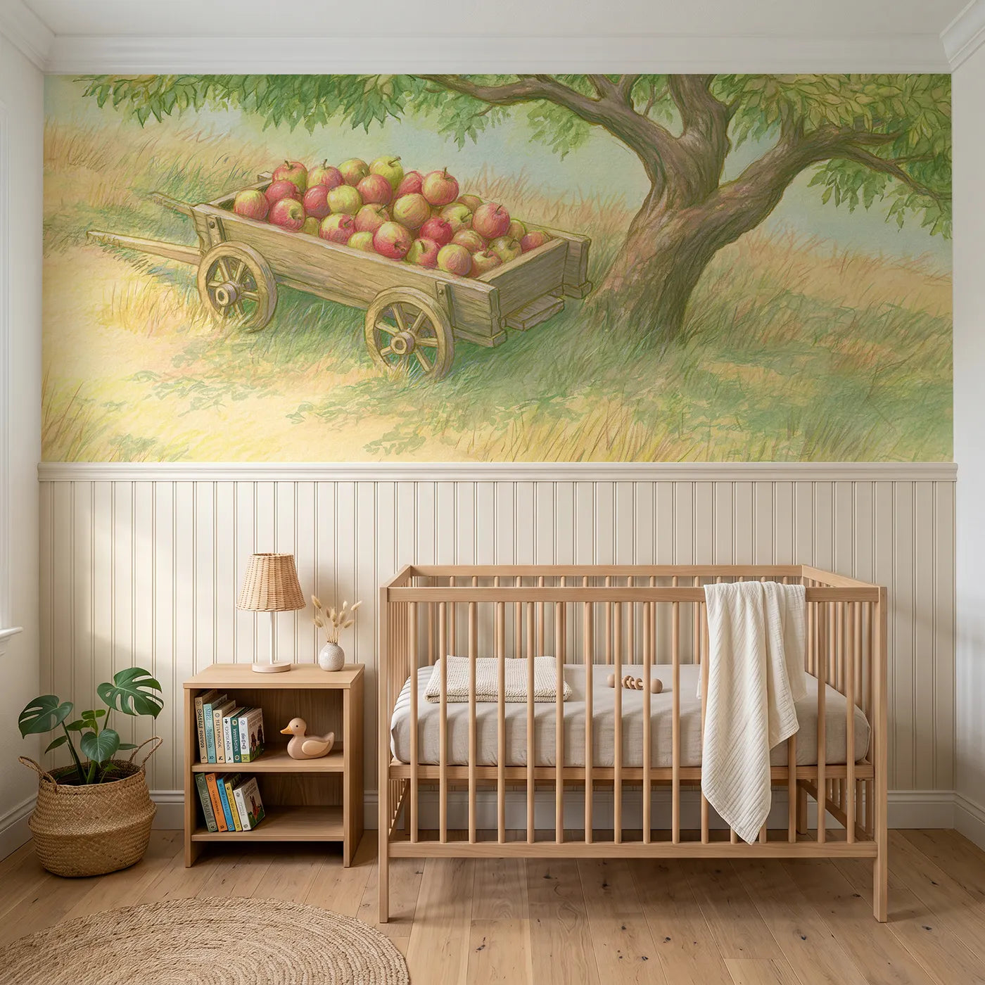 Colored pencil wainscoting wallpaper of an apple-filled toy wagon by Whimsy Tots