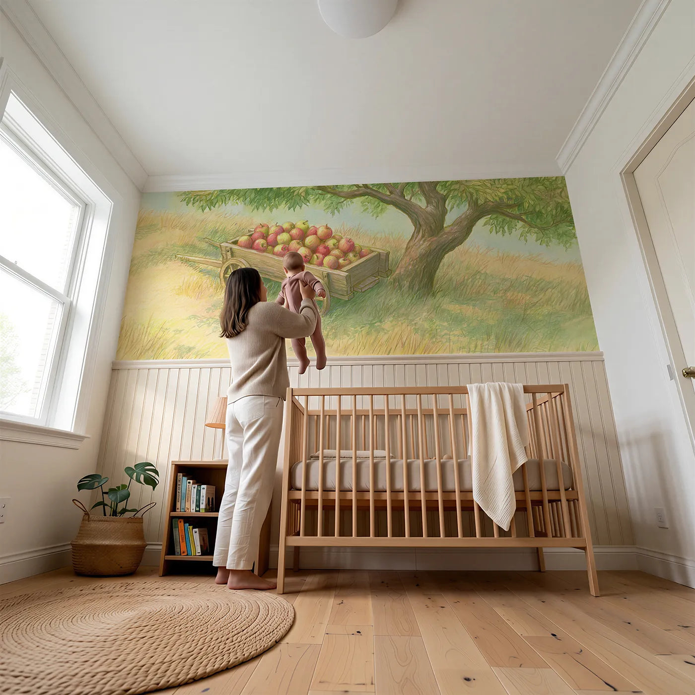 Child reading near Apple Wagon Under Tree Wainscoting Wallpaper by Whimsy Tots