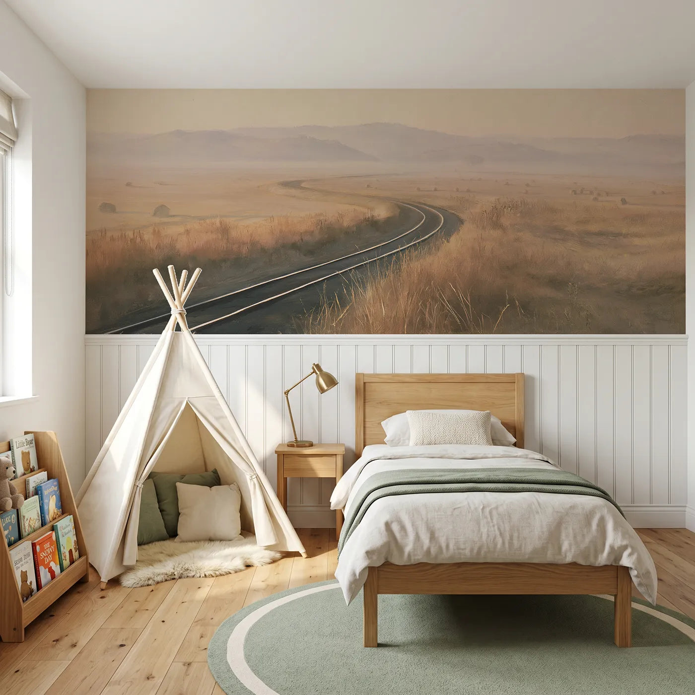 Watercolor wainscoting mural of empty rails curving at dawn by Whimsy Tots