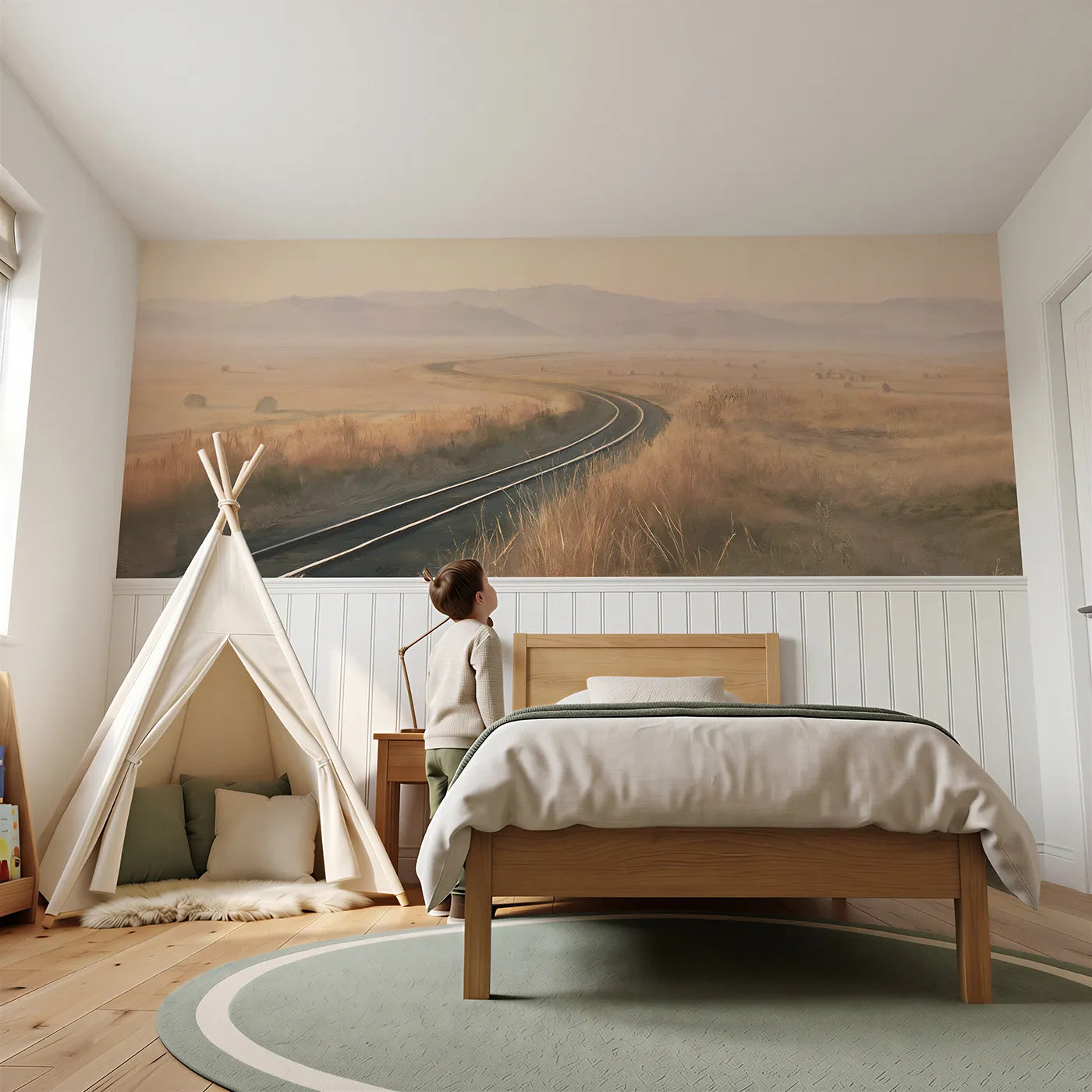 Child reading near Empty Rails At Dawn Wainscoting Wallpaper by Whimsy Tots