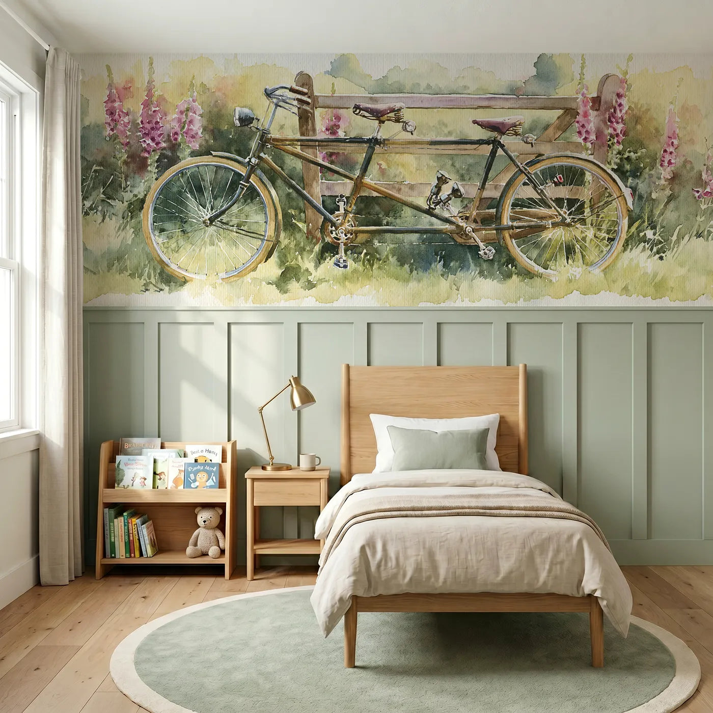 Watercolor wainscoting wallpaper of a tandem bicycle by a stile by Whimsy Tots