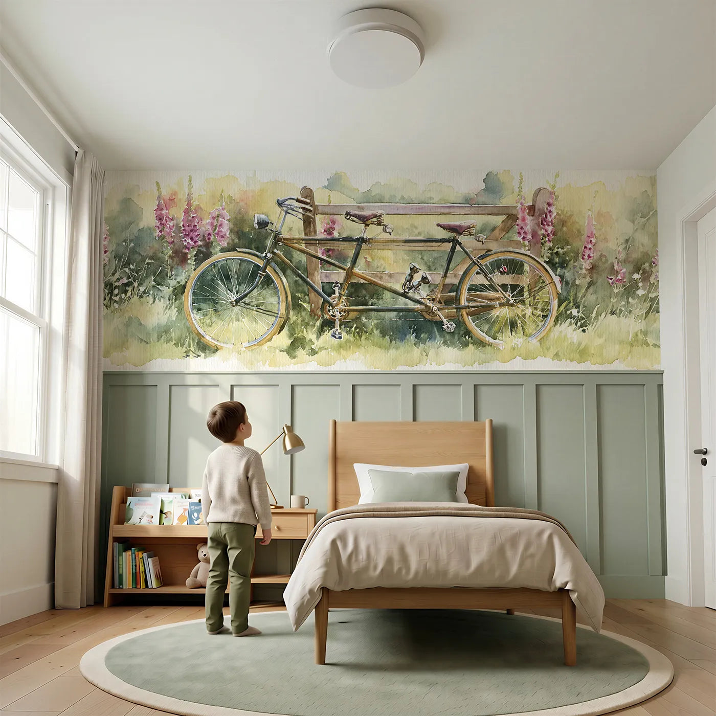Child reading near Tandem By The Stile Wainscoting Wallpaper by Whimsy Tots