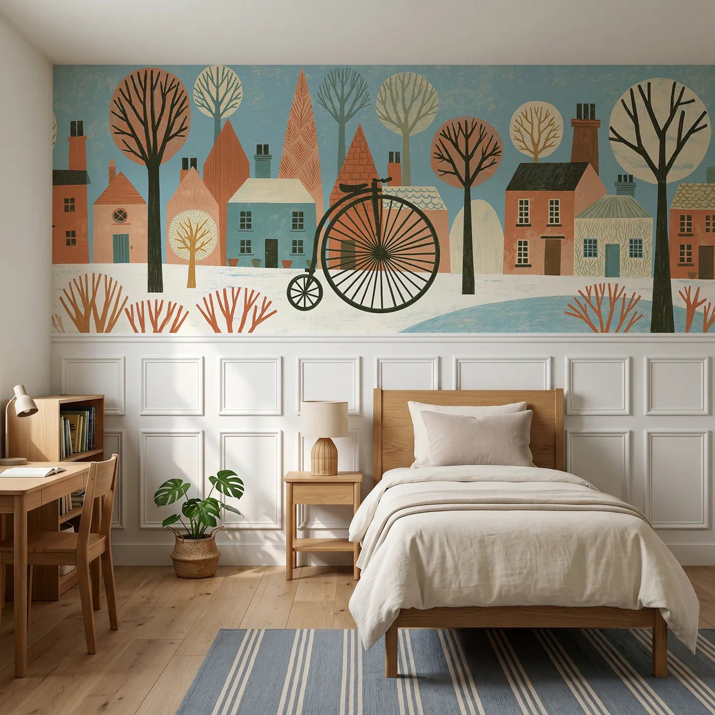 Block print wainscoting wallpaper of a carved penny-farthing by Whimsy Tots