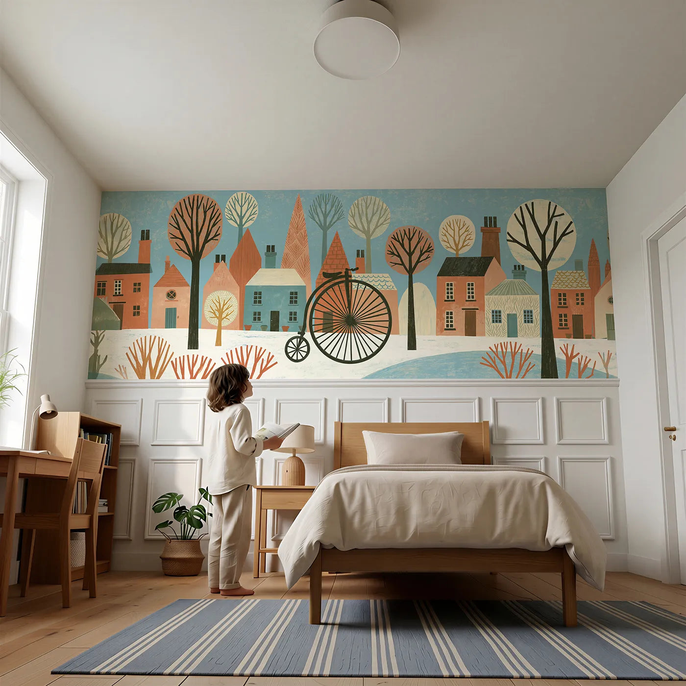 Child reading near Carved Penny Farthing Ride Wainscoting Wallpaper by Whimsy Tots