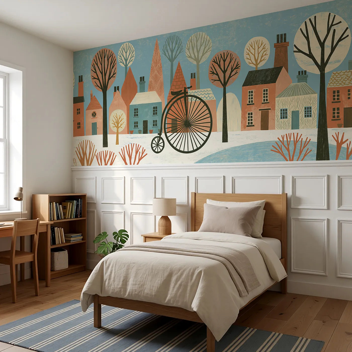 Carved Penny Farthing Ride Wainscoting Wallpaper styled in a kids room by Whimsy Tots