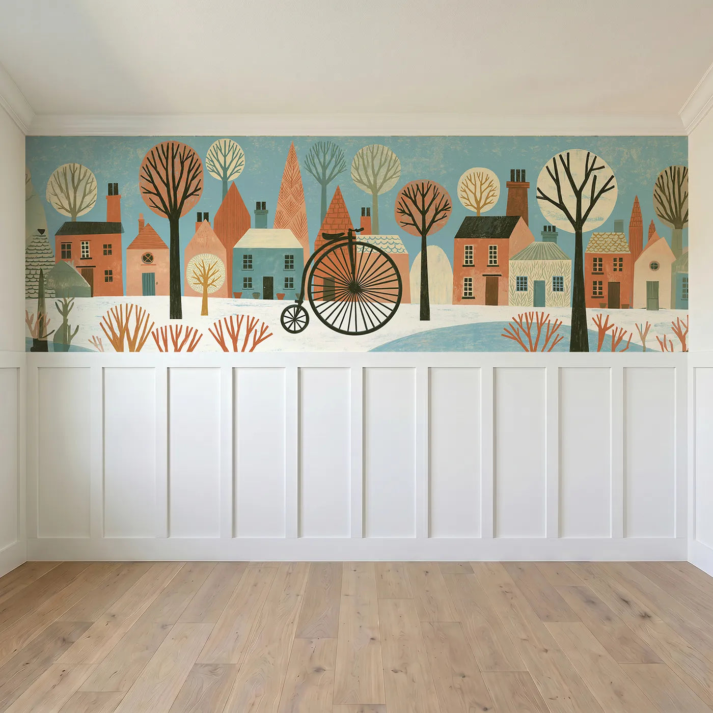 Full panel view of Carved Penny Farthing Ride Wainscoting Wallpaper by Whimsy Tots