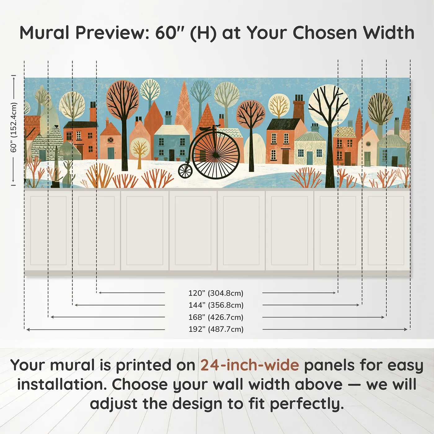 Panel dimensions for Carved Penny Farthing Ride Wainscoting Wallpaper by Whimsy Tots