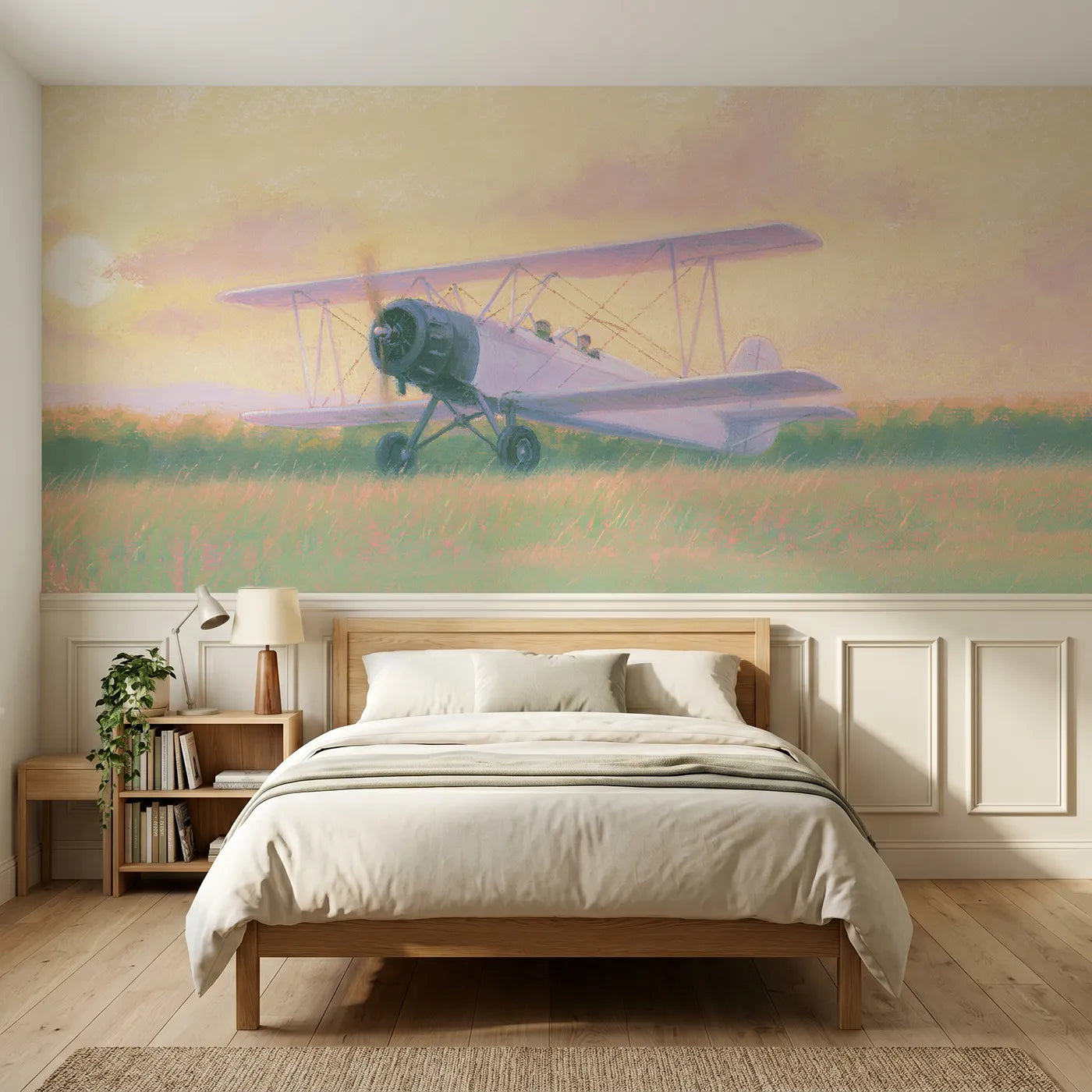 Soft pastel wainscoting wallpaper of a biplane landing at dusk by Whimsy Tots
