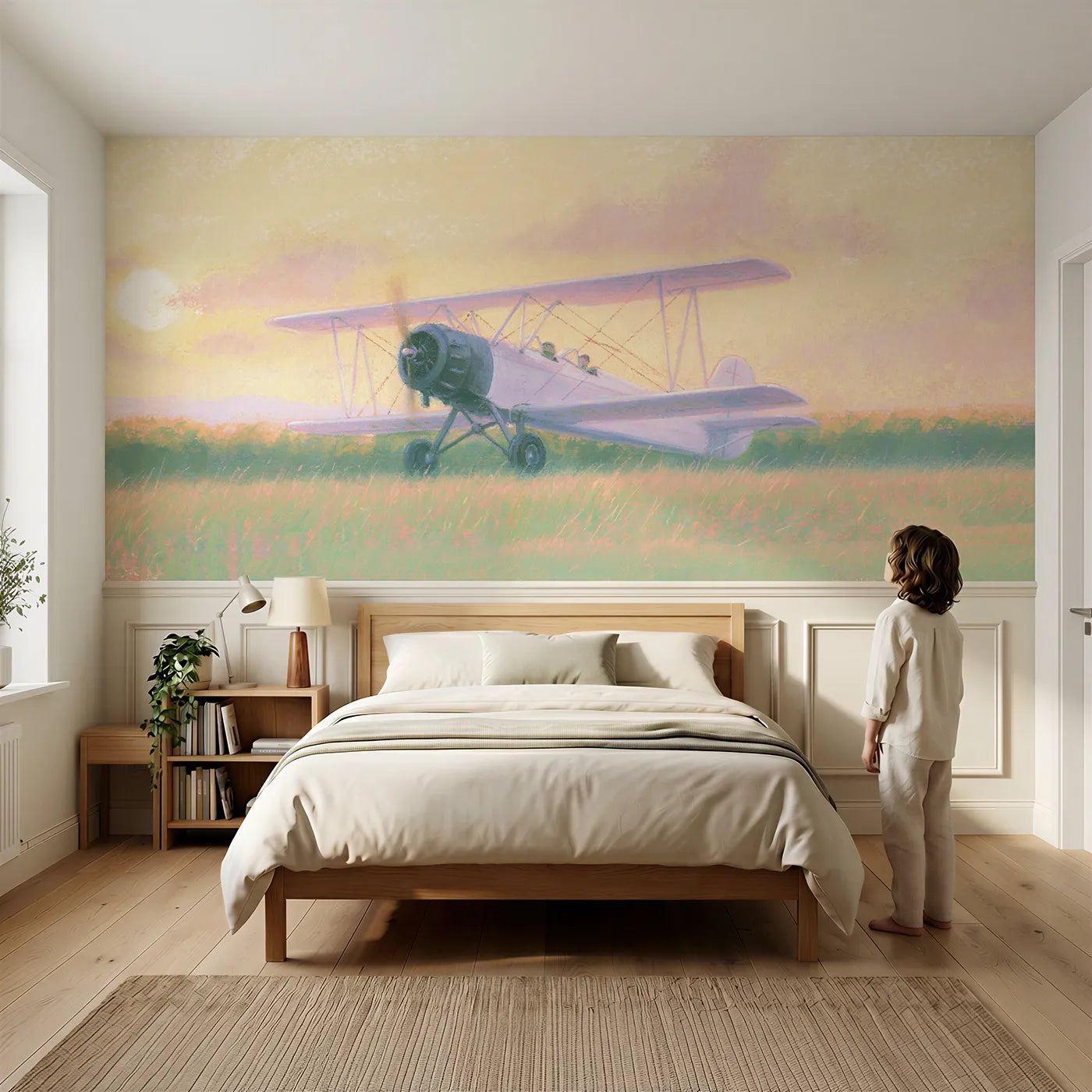 Child reading near Settling In To Land Wainscoting Wallpaper by Whimsy Tots