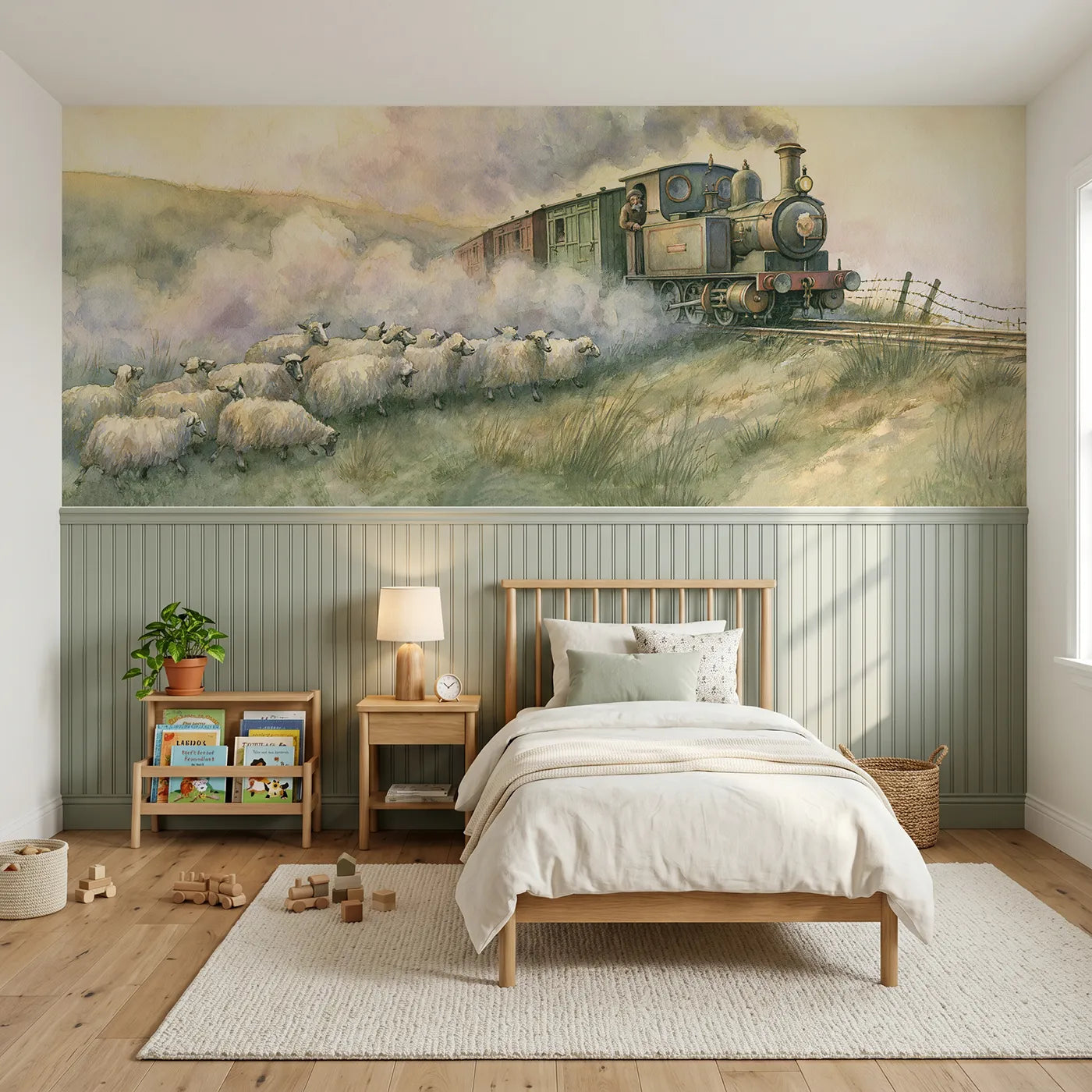 Storybook wainscoting wallpaper of a train waiting for sheep by Whimsy Tots